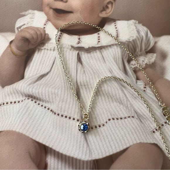 Vintage Child’s March Birthstone Aquamarine Blue & Clear Rinestone Necklace - Picture 2 of 7
